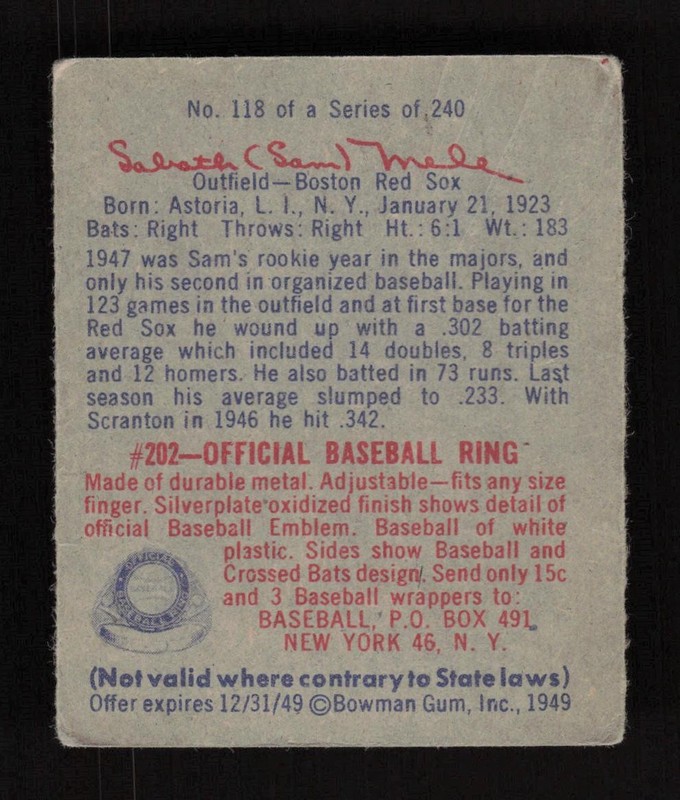 1949 Bowman #118 Sam Mele VG, back