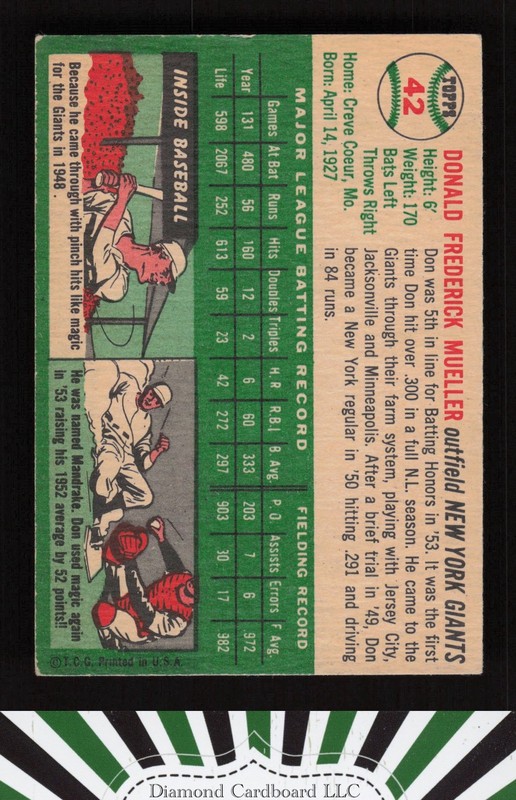 1954 Topps #42 Don Mueller VGEX+ g, back