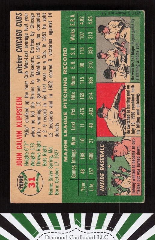 1954 Topps #31 Johnny Klippstein VGEX+ c, back