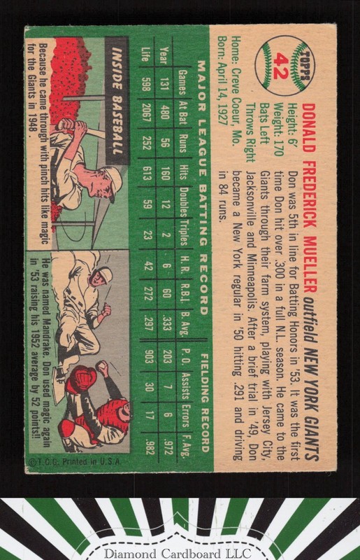1954 Topps #42 Don Mueller VGEX f, back