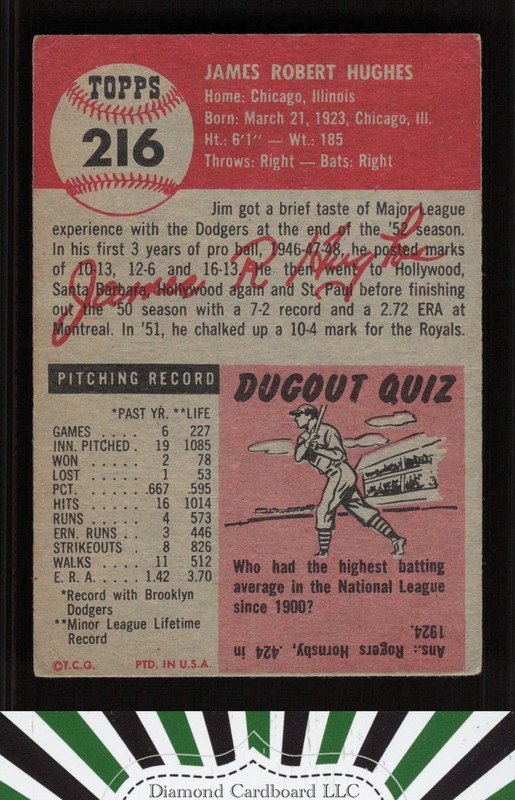 1953 Topps #216 Jim Hughes GD+ d, back
