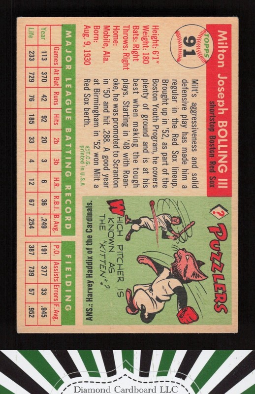 1955 Topps #91 Milt Bolling VGEX+ g, back