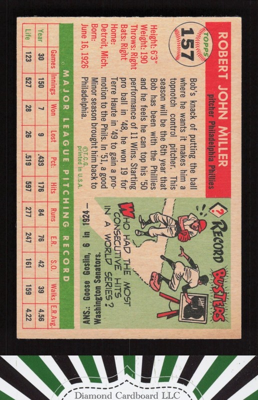 1955 Topps #157 Bob Miller EX j, back