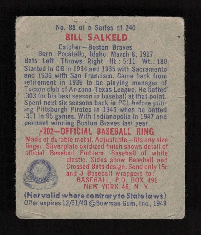 1949 Bowman #88a Bill Salkeld No Name GD, back
