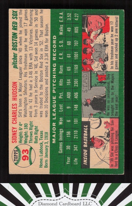 1954 Topps #93 Sid Hudson VGEX+ m, back