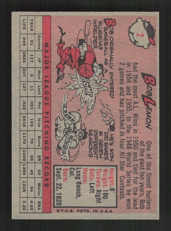 1958 Topps #2 Bob Lemon White Letters EXMT h, back