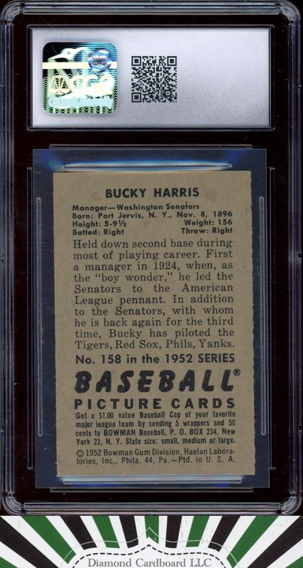 1952 Bowman #158 Bucky Harris CGC 8  [CENTERED], back