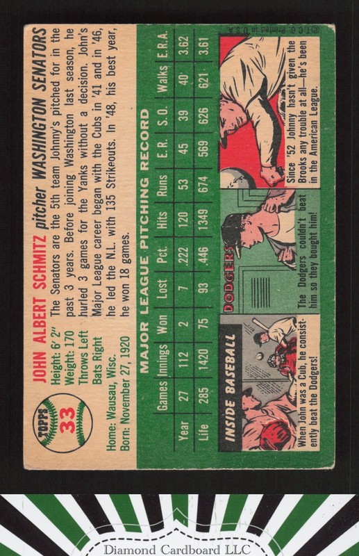 1954 Topps #33 Johnny Schmitz VGEX [GOOD CENTERING] i, back
