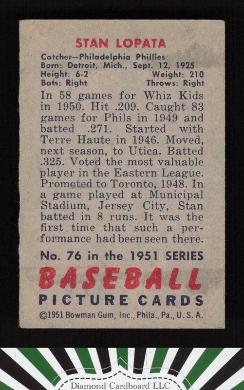 1951 Bowman #76 Stan Lopata VG, back