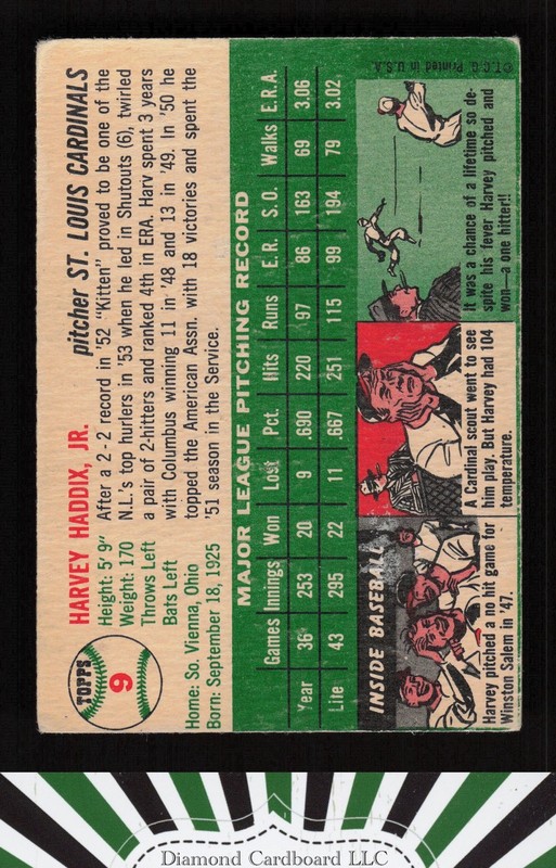 1954 Topps #9 Harvey Haddix VG k, back