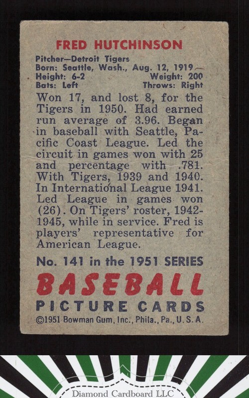 1951 Bowman #141 Fred Hutchinson VG, back