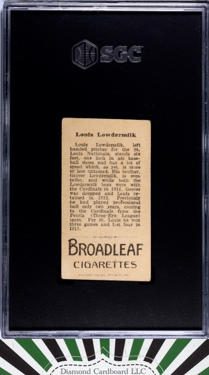 1912 T207 Broad Leaf Louis Lowdermilk SGC 2 - CRAZY RARE, back