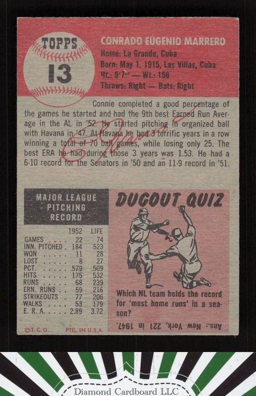 1953 Topps #13 Connie Marrero EX e, back
