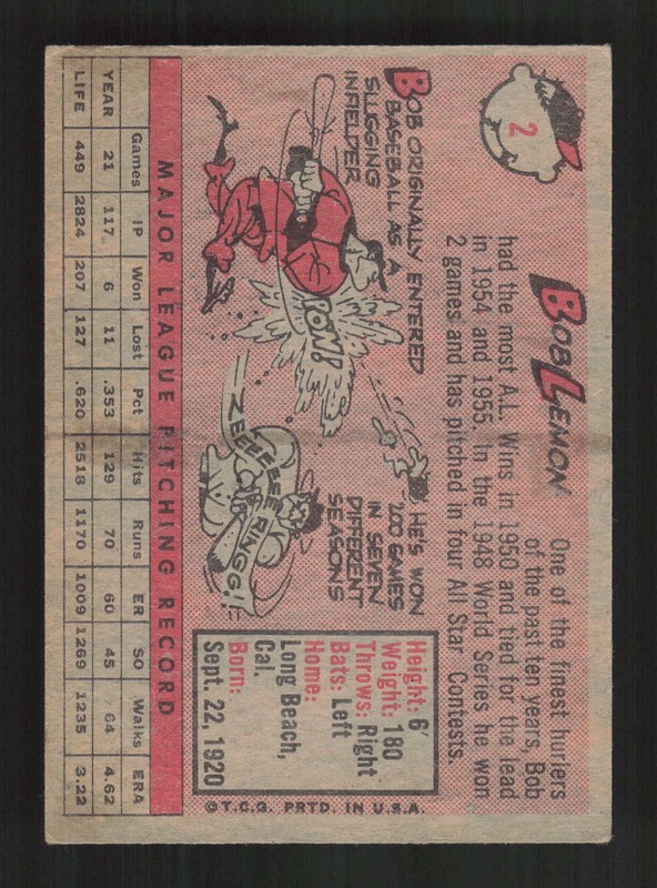 1958 Topps #2 Bob Lemon White Letters VG e, back