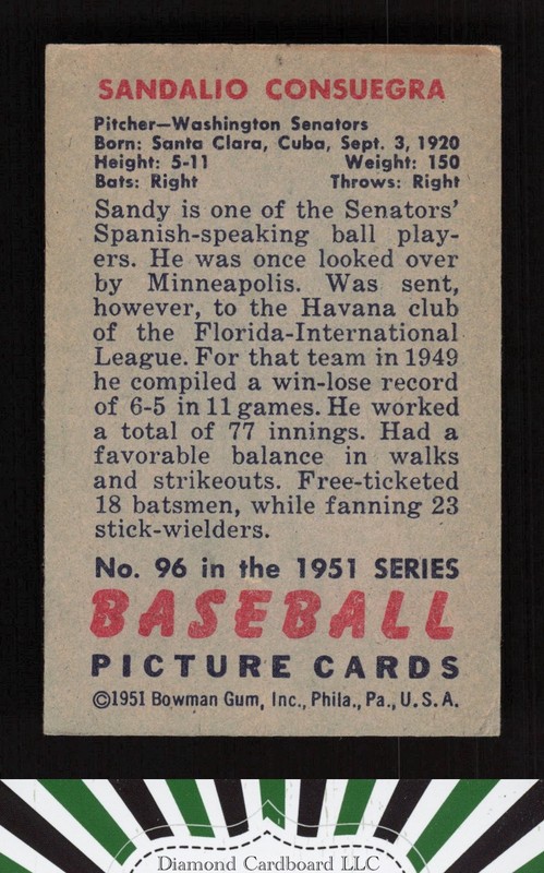 1951 Bowman #96 Sandy Consuegra VG+, back
