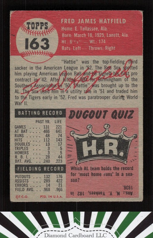 1953 Topps #163 Fred Hatfield : Bio uses white text FR a, back