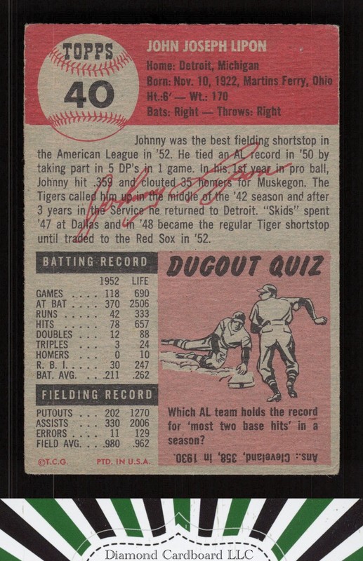 1953 Topps #40 Johnny Lipon VGEX [CENTERED] d, back