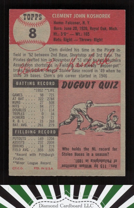 1953 Topps #8 Clem Koshorek VGEX [CENTERED] g, back