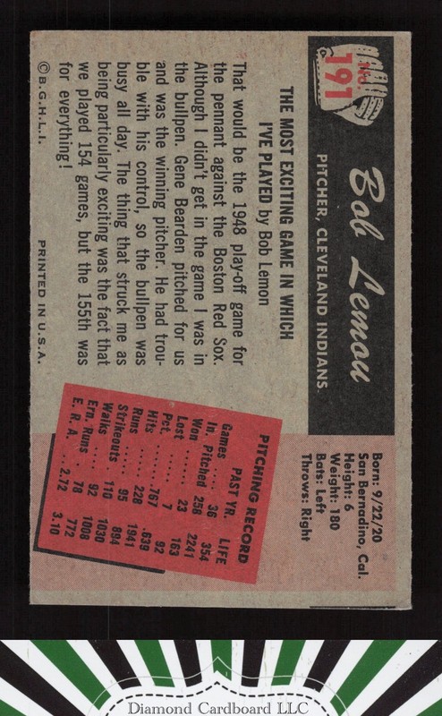 1955 Bowman #191 Bob Lemon VGEX d, back