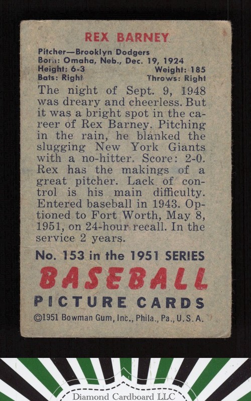 1951 Bowman #153 Rex Barney GD [CENTERED], back