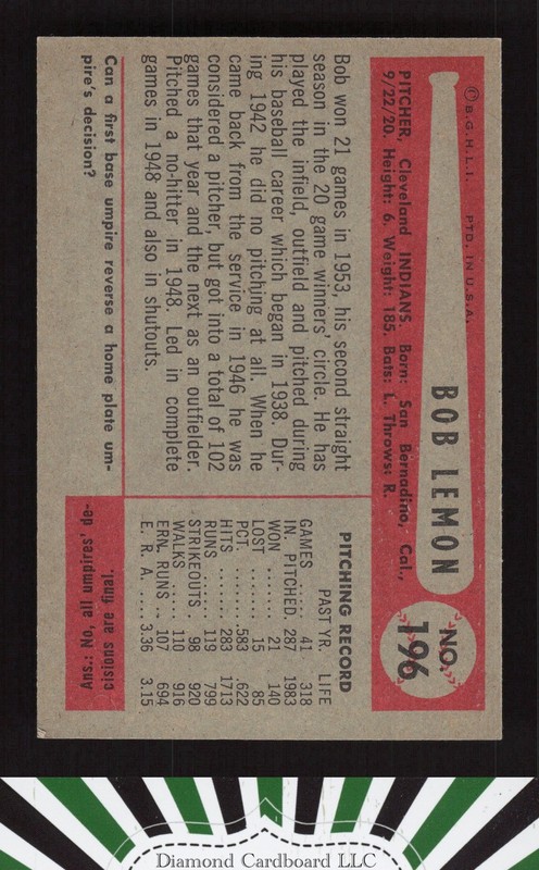 1954 Bowman #196 Bob Lemon EXMT g, back
