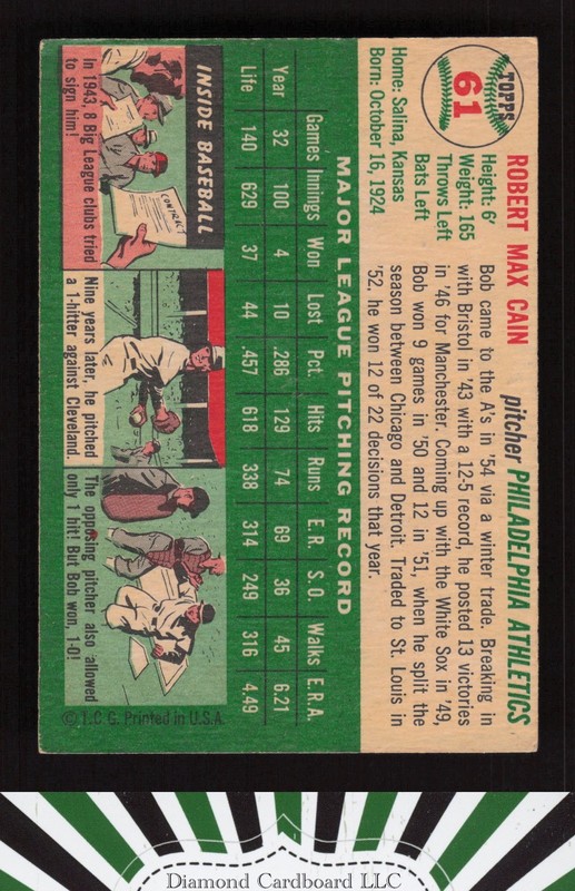 1954 Topps #61 Bob Cain VGEX k, back