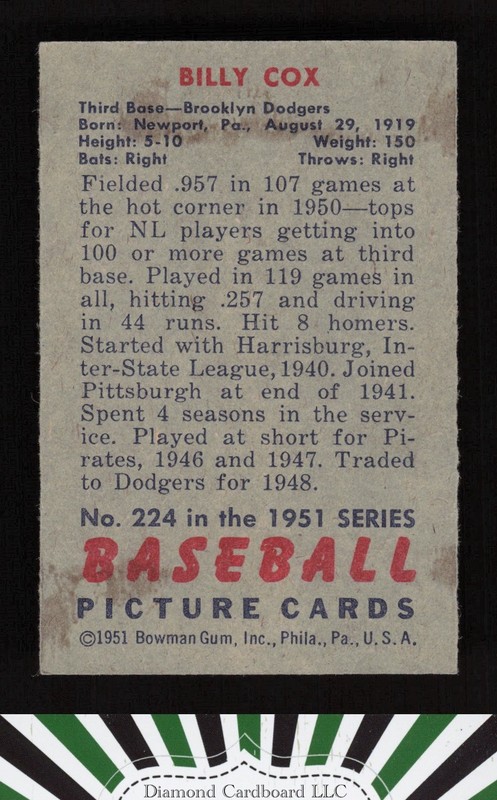 1951 Bowman #224 Billy Cox EX, back