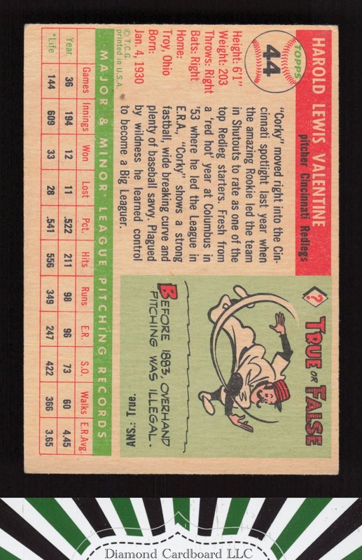 1955 Topps #44 Corky Valentine VGEX f, back