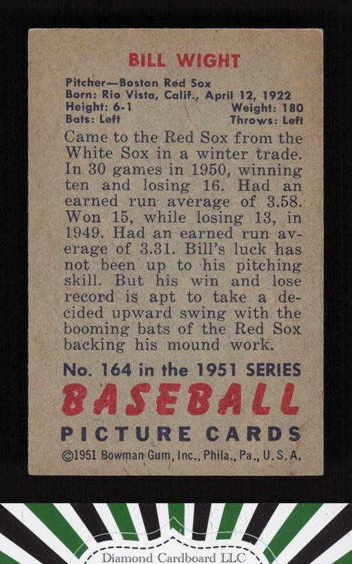 1951 Bowman #164 Bill Wight VGEX, back