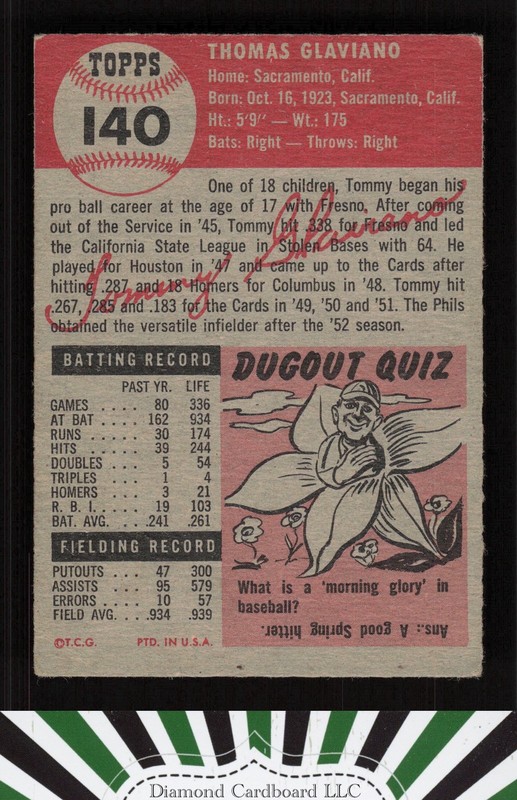1953 Topps #140 Tommy Glaviano : Bio uses white text GD a, back