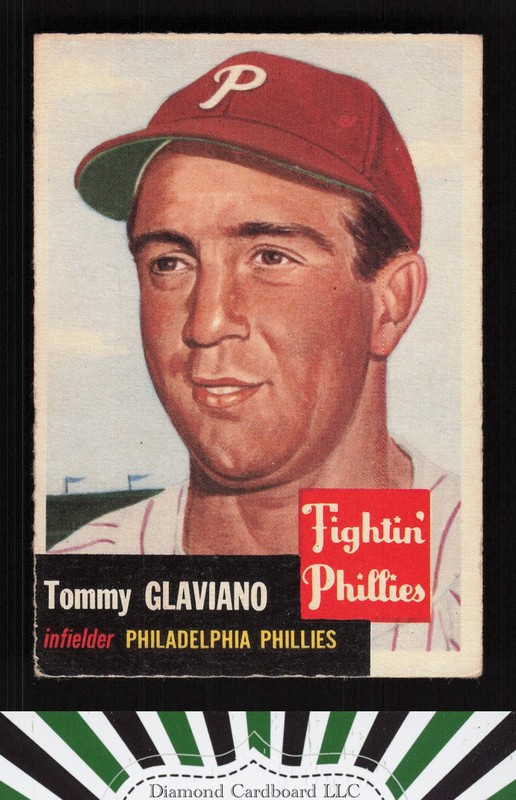 1953 Topps #140 Tommy Glaviano : Bio uses white text GD a, front