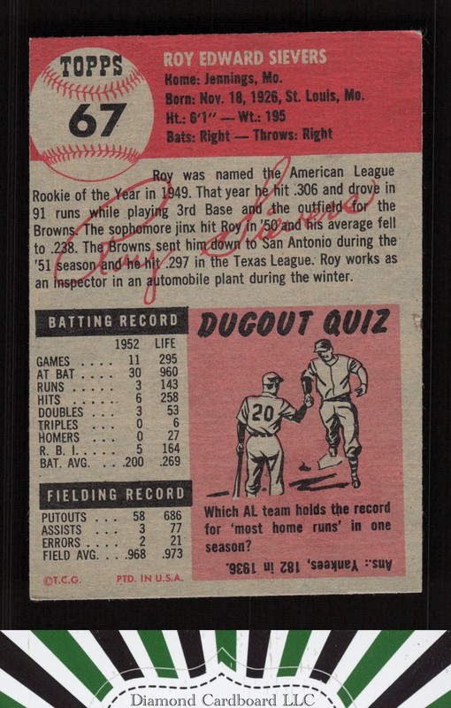 1953 Topps #67 Roy Sievers VG e, back