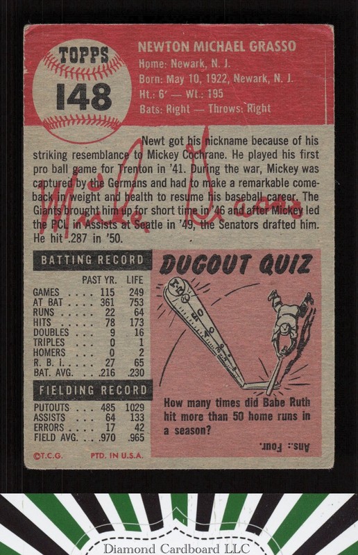 1953 Topps #148 Mickey Grasso : Bio uses white text FR a, back