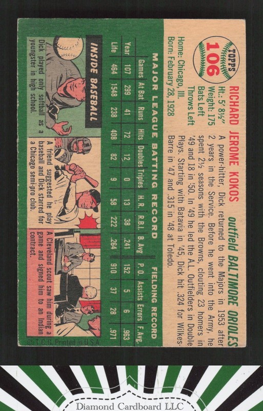 1954 Topps #106 Dick Kokos VGEX+ n, back