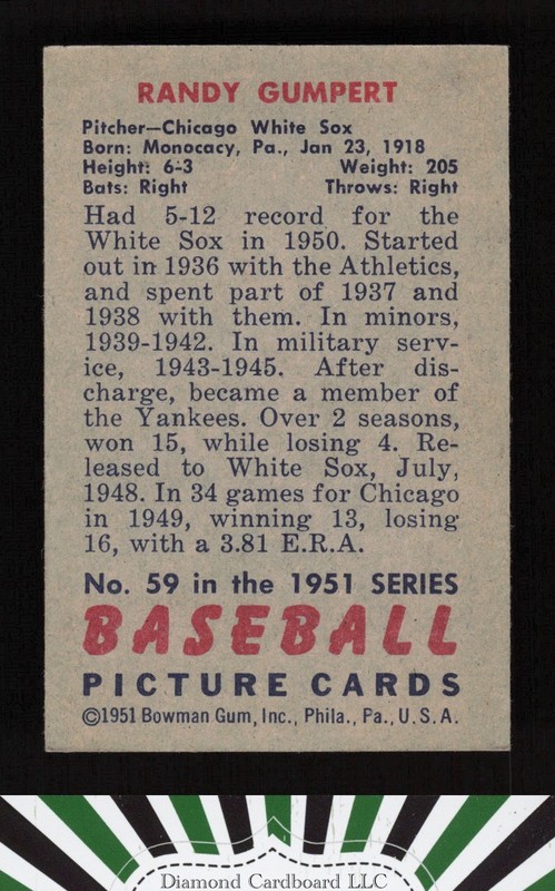 1951 Bowman #59 Randy Gumpert VGEX, back