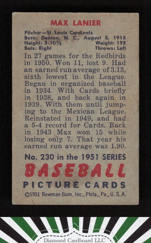 1951 Bowman #230 Max Lanier VGEX, back
