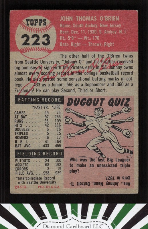 1953 Topps #223 Johnny O'Brien VGEX f, back