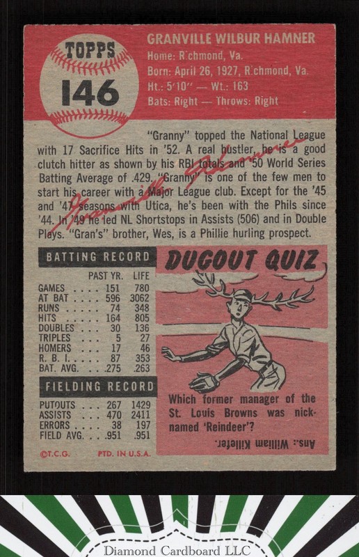 1953 Topps #146 Granny Hamner : Bio uses white text VGEX f, back