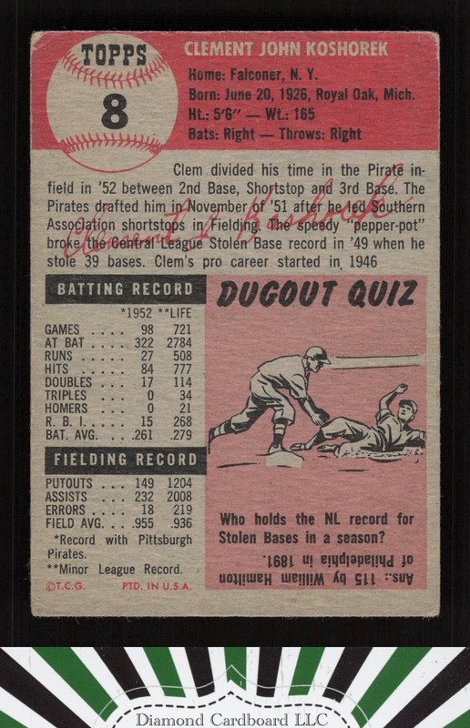 1953 Topps #8 Clem Koshorek GD b, back