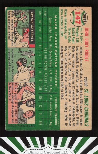 1954 Topps #147 Johnny Riddle VGEX e, back