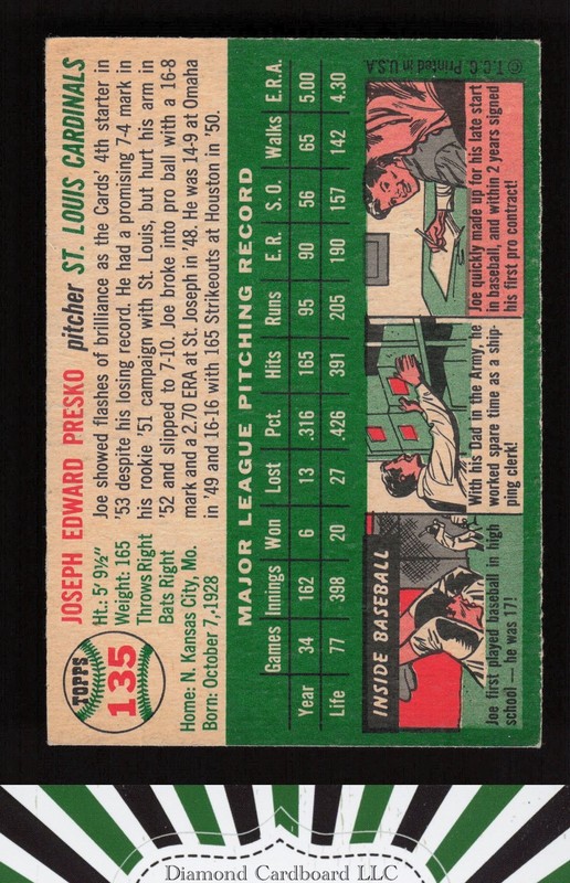 1954 Topps #135 Joe Presko EX [CENTERED] a, back