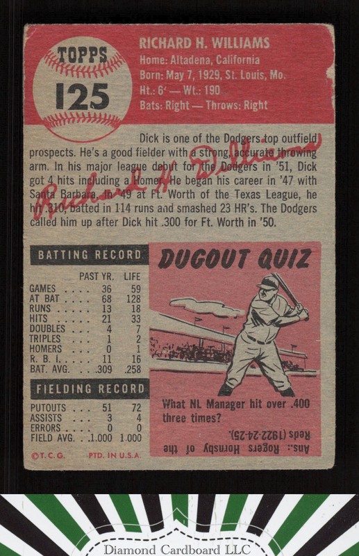 1953 Topps #125 Dick Williams : Bio uses white text GD b, back