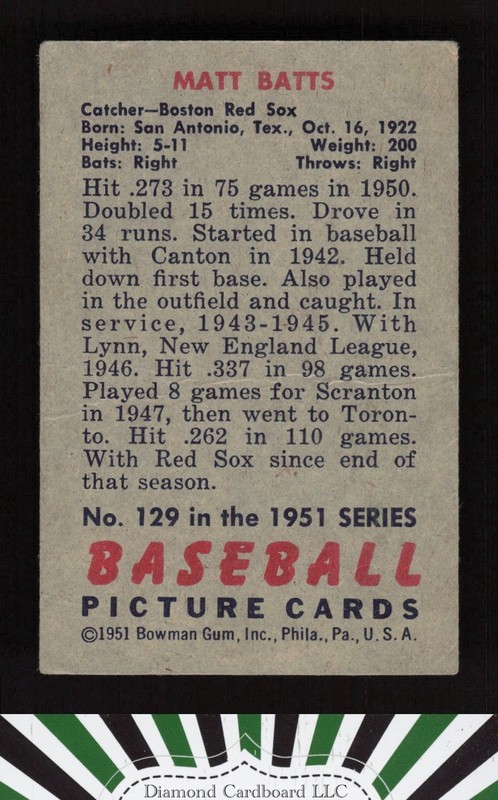 1951 Bowman #129 Matt Batts VG, back