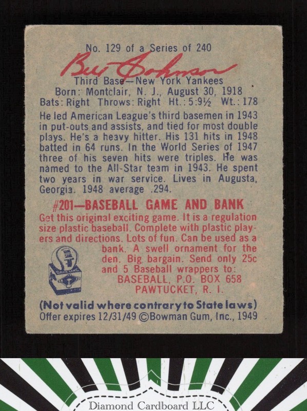 1949 Bowman #129 Bill "The Bull" Johnson VGEX+ a, back