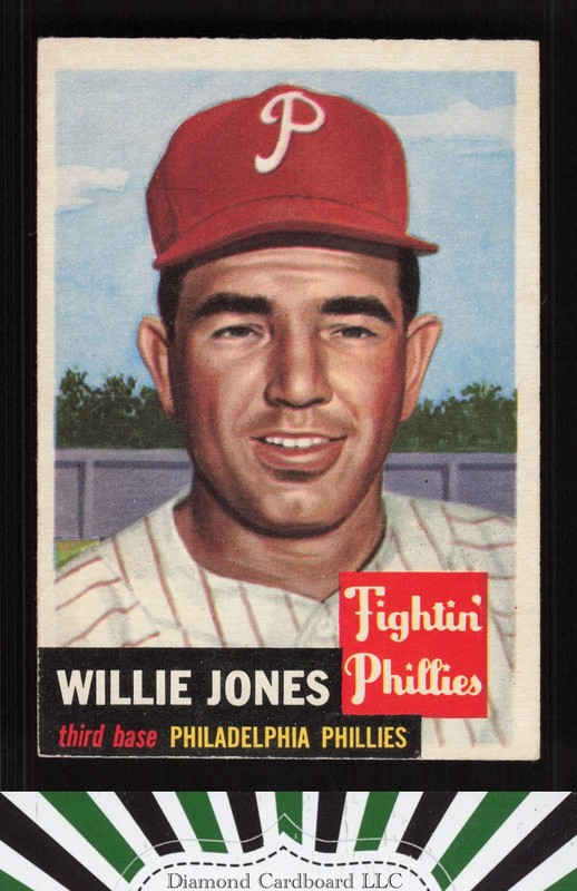 1953 Topps #88 Willie Jones : Bio uses white text EX i, front