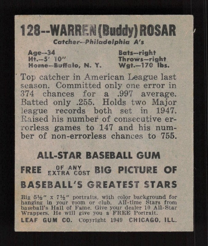 1948 Leaf #128 Warren Rosar EX, back