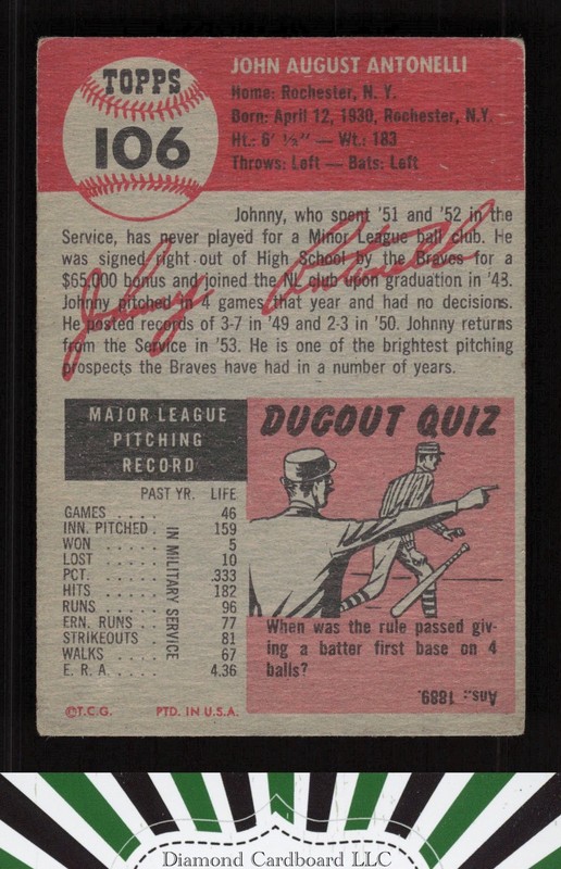 1953 Topps #106 John Antonelli : Bio uses black text FR a, back