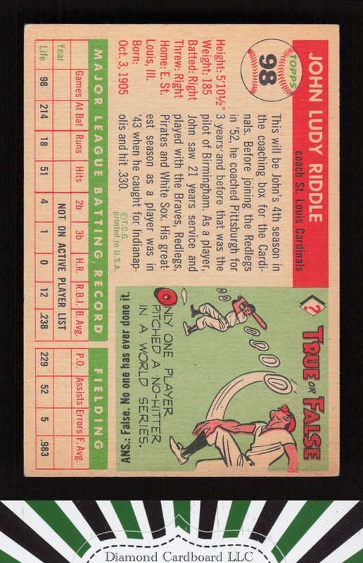 1955 Topps #98 Johnny Riddle GD+ e, back