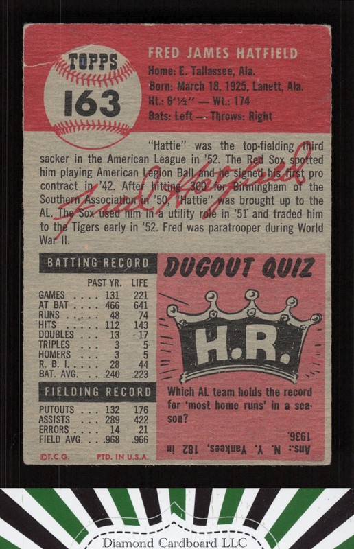 1953 Topps #163 Fred Hatfield : Bio uses black text GD c, back