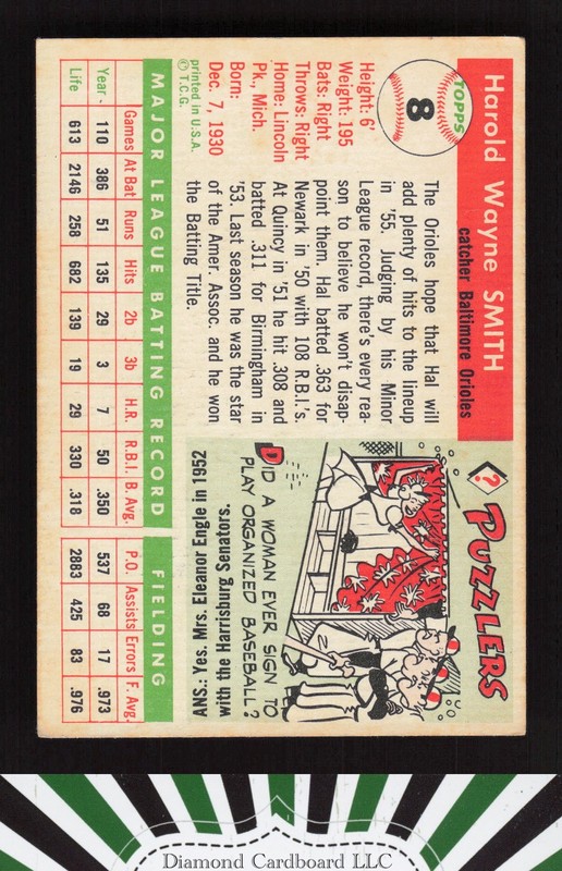 1955 Topps #8 Hal Smith VGEX j, back